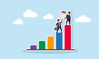 Two businessmen collaborate to lift a job description board to reach the highest position on the chart, illustration of teamwork in achieving targets aligned with business performance vector