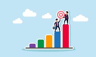 Two businessmen collaborate to lift a target board to reach the highest position on the chart, illustration of teamwork in achieving business targets aligned with business performance vector