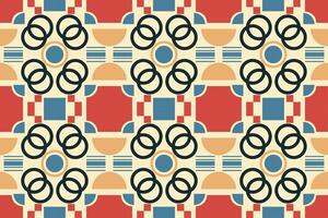 Seamless geometric pattern with interlocking circles, squares, and semicircles in a vibrant color palette. Perfect for textile prints, wallpaper, and modern interior vector