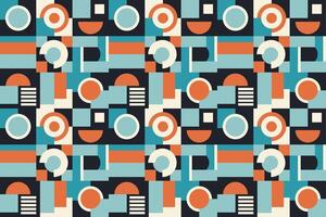 Seamless geometric pattern with a dynamic interplay of circles, squares, and rectangles in a vibrant color palette. Perfect for textile prints, wallpaper, and modern interior vector