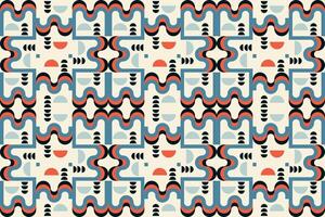 Seamless geometric pattern with a dynamic interplay of wavy lines, circles, and rectangles in a vibrant color palette. Perfect for textile prints, wallpaper, and modern interior vector