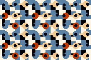 Seamless geometric pattern with interlocking circles, squares, and curved shapes in a vibrant color palette. Perfect for textile prints, wallpaper, and modern interior vector