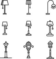 Standing lamp icon set, floor lamp, lantern, bedside lamp, roadside lights, for house interior, home lights. black line for house. illustration vector