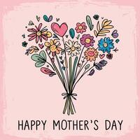 Cute Happy Mother's Day greeting with a heart-shaped bouquet with various floral doodles in a simple hand-drawn childish style. vector