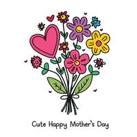 Happy Mother's Day greeting in the shape of a heart with various floral doodles in a simple hand-drawn childish style. vector