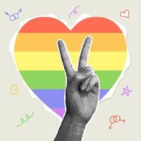 Fashionable halftone collage. Collage on the theme of pride month in retro style. Heart cut out of paper in scrapbooking style and hand with halftone effect gesture Victory. Fancy retro collage vector