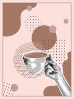 Trendy halftone collage. Hand with halftone effect holding a coffee cup on abstract background. Abstract background in color Mocha Mousse vector