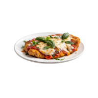 A plate of pizza with cheese and basil png
