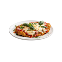 A plate of chicken parmesan with cheese and basil png