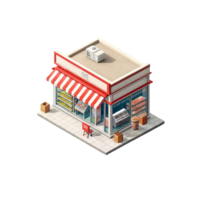 A small store with a red awning and a table png