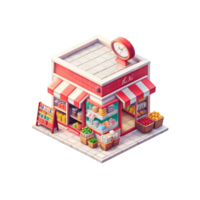 A small store with a clock and fruit on the counter png