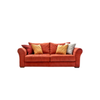 A red couch with four pillows on it png