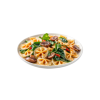 A plate of pasta with spinach and mushrooms png
