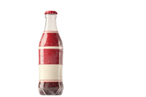 A vintage-style soda bottle with a red and white label isolated on a transparent background. Ideal for beverage, nostalgia, and branding concepts. png