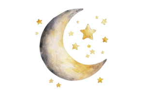 A whimsical watercolor illustration of a crescent moon surrounded by sparkling stars against a transparent background. evoking a sense of mystery and wonder. png