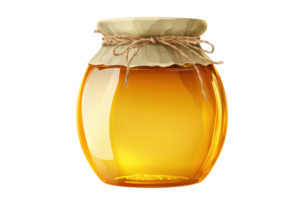 A clear glass jar filled with golden honey, topped with a rustic paper lid and twine, capturing the essence of natural sweetness. png