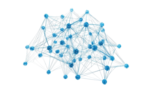 Abstract representation of a complex neural network structure with interconnected nodes and lines, symbolizing digital communication. png