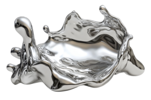 Abstract metallic splash shaped like liquid metal, capturing a dynamic and surreal movement frozen in time against a transparent background. png