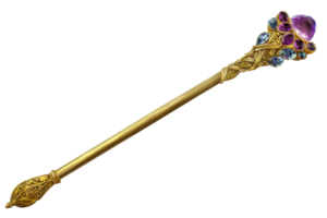 Elegant gold scepter adorned with colorful gemstones, ideal for royal or fantasy-themed designs and concepts in digital art or stage performances. png
