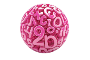 A vibrant 3D sphere made of pink numbers and letters on a transparent background, highlighting creativity and playful design elements. png