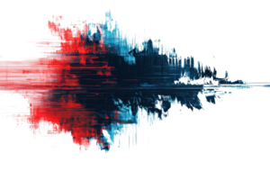 Abstract soundwave art in vibrant red and blue hues, depicting digital audio waveform with a reflection effect on a transparent background. png