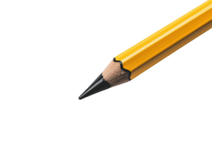 Close-up of a sharpened yellow pencil with a black tip on a transparent background. ideal for educational or artistic themes. png