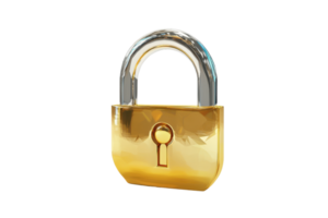 Close-up of a shiny brass padlock symbolizing security and protection on a transparent background. showcasing strength and reliability. png