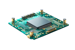 Close-up of a microchip on a green circuit board, showcasing intricate technology and electronic components in a high-tech setting. png