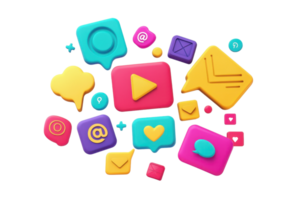 Colorful 3D social media icons and symbols floating over a transparent background. representing digital communication and connectivity. png