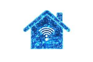 Digital smart home technology concept with glowing house outline and Wi-Fi symbol, illustrating modern connectivity and automation. png