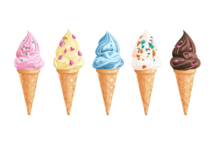 Colorful ice cream cones with various toppings against a transparent background. showcasing a variety of delicious and appealing flavors. png