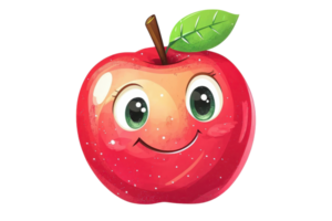 Cute cartoon apple with a smiling face and bright eyes, featuring a single green leaf and vibrant red skin. Perfect for creative designs. png