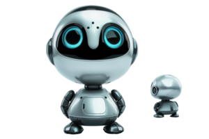 Cute futuristic robot with large eyes and shiny metallic body, standing with a smaller version beside it, isolated on transparent background. png