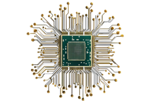 Close-up of a microchip with intricate circuitry, representing advanced technology and innovation in electronics and computing. png