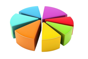 Colorful 3D pie chart with vibrant segments and a transparent background. perfect for illustrating data analysis, statistics, and financial reports. png