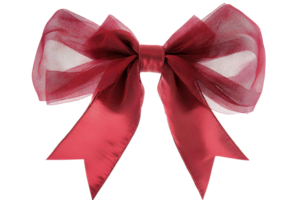 Elegant red ribbon bow with sheer fabric and satin texture, perfect for gift decoration or festive occasions, isolated on transparent background. png