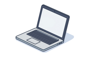 Illustration of a modern open laptop with a blank screen, showcasing minimalistic design and digital technology in a 3D style. png