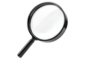 High-quality image of a magnifying glass with a black handle and clear lens, symbolizing search, focus, and investigation concepts. png