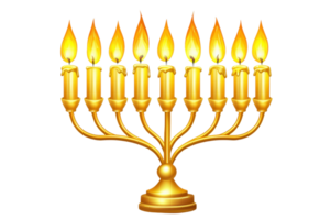 Golden menorah with glowing candles on transparent background, symbolizing the Jewish holiday of Hanukkah and traditional celebrations. png