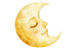Illustration of a serene, smiling crescent moon with closed eyes, painted in soft, warm yellow hues, capturing a sense of calm and peace. png
