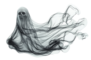 Ethereal ghostly figure in flowing black and gray fabric, reminiscent of smoke or mist, creating a haunting, mysterious atmosphere. png