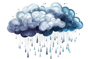 Illustration of a mystical, whimsical cloud with cascading raindrops. Vivid blues and whites create a calming atmosphere, perfect for storytelling. png