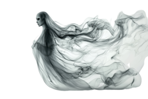 Ethereal ghostly figure in flowing smoke and mist on a transparent background. conveying a sense of mystery, elegance, and supernatural beauty. png