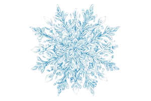 Intricate blue snowflake with detailed patterns on a transparent background, symbolizing winter and frozen elegance. png