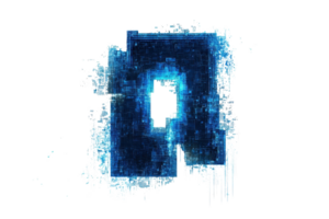 Futuristic blue holographic letter 'A' with digital pixelated texture, evoking advanced technology and innovation on a dark background. png