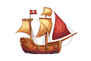 Illustration of a vibrant pirate ship with red sails, featuring a classic design and a skull flag, sailing on an adventurous journey. png