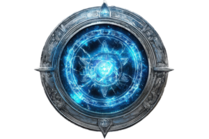 Futuristic energy shield with intricate glowing patterns and metallic border, symbolizing protection and advanced technology. png