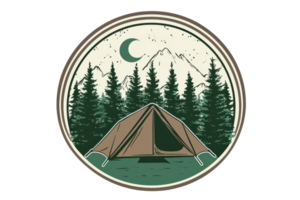 Illustration of a campsite at night, featuring a tent under the stars and moon, surrounded by pine trees and mountains in a circular emblem. png