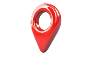 Red glossy 3D map location pin isolated on transparent background. ideal for concepts of navigation, travel, and wayfinding. png