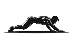 Silhouette of a person performing a low plank exercise focusing on strength and core stability in a gym setting. png
